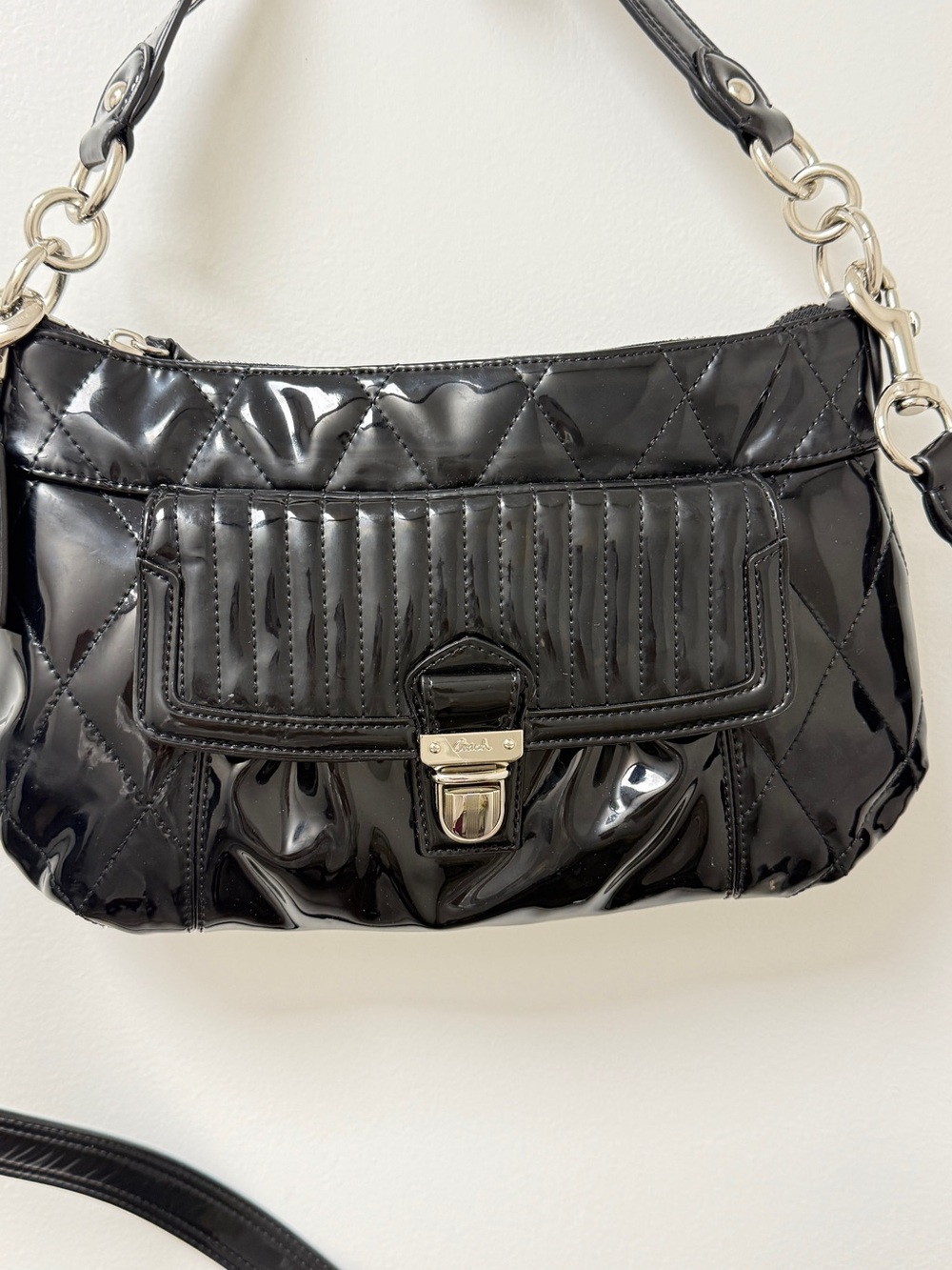 Coach Black Patent Leather Shoulder Bag with Silver Hardware